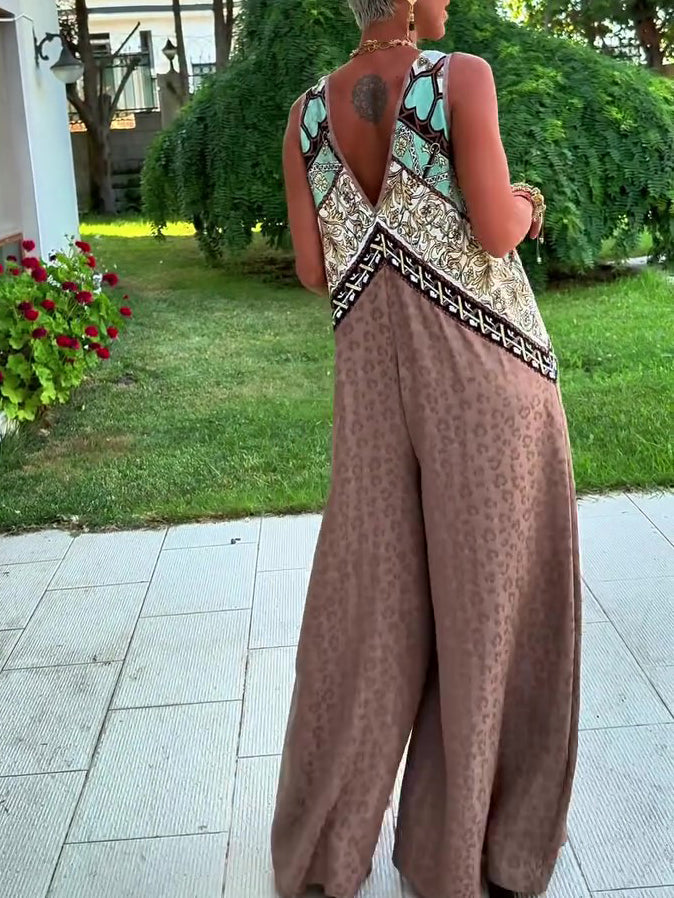 Ethnic Print Paneled Sleeveless Wide-Leg Jumpsuit NorixaFashion.com