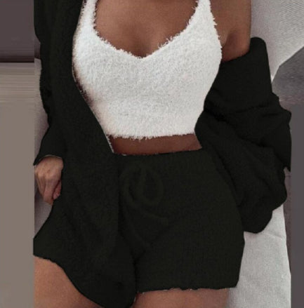 3pcs Womens Clothing Long Sleeve Crop Tank Top And Drawstring Shorts Pajama Set NorixaFashion.com