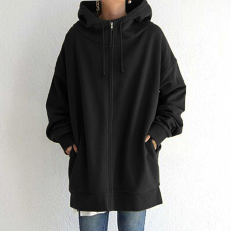 Zipper Hooded Long Plus Fleece Sweatshirt