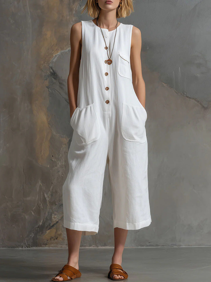 Retro Sleeveless Cotton-Linen Wide-Leg Cropped Jumpsuit LadyShow.Store
