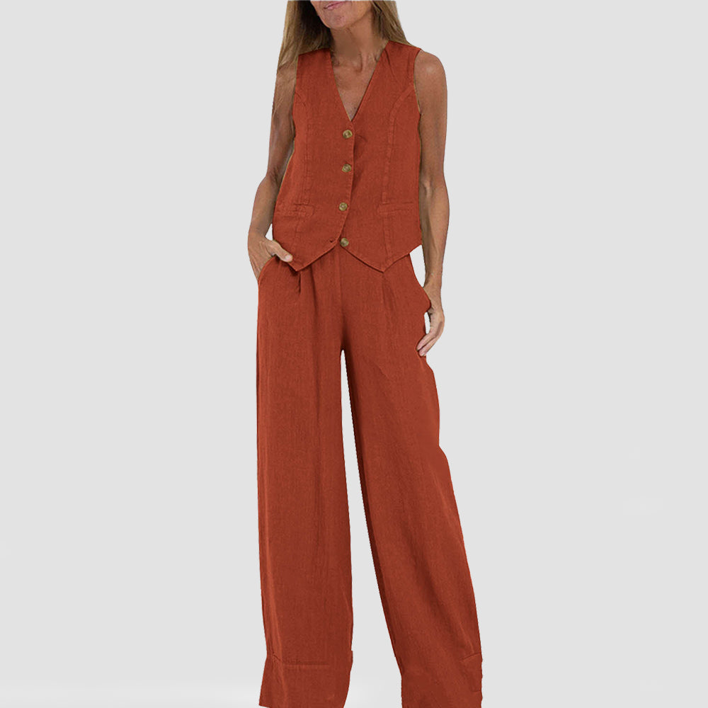 Summer Vest Suits V-neck Botton Sleeveless Top And Loose Straight Trousers Casual Womens Clothing NorixaFashion.com