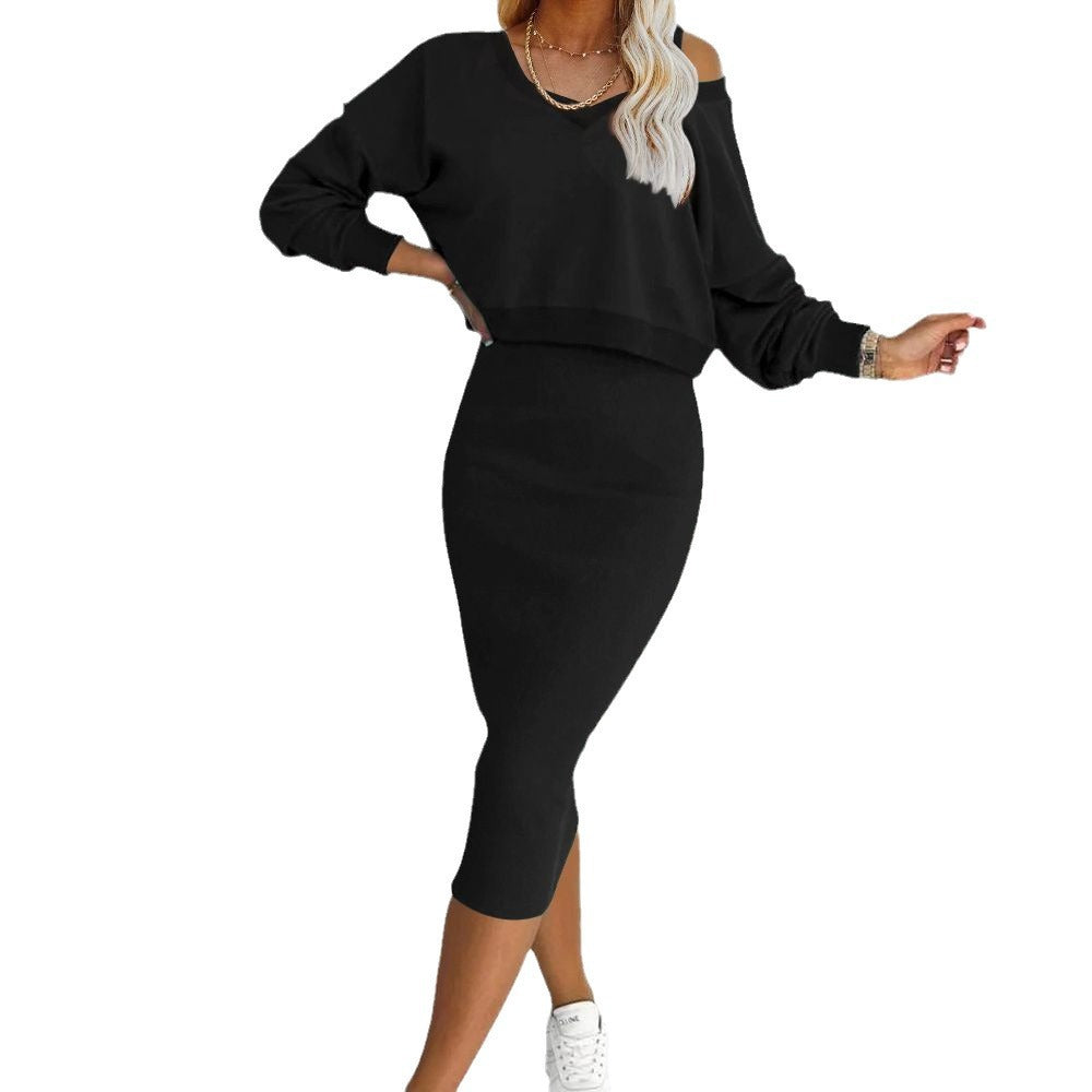 Women's Two Piece Dress Suit Fashion Long-sleeved  V-neck Pullover Sweatshirt And Sleeveless Dresses Set LadyShow.Store