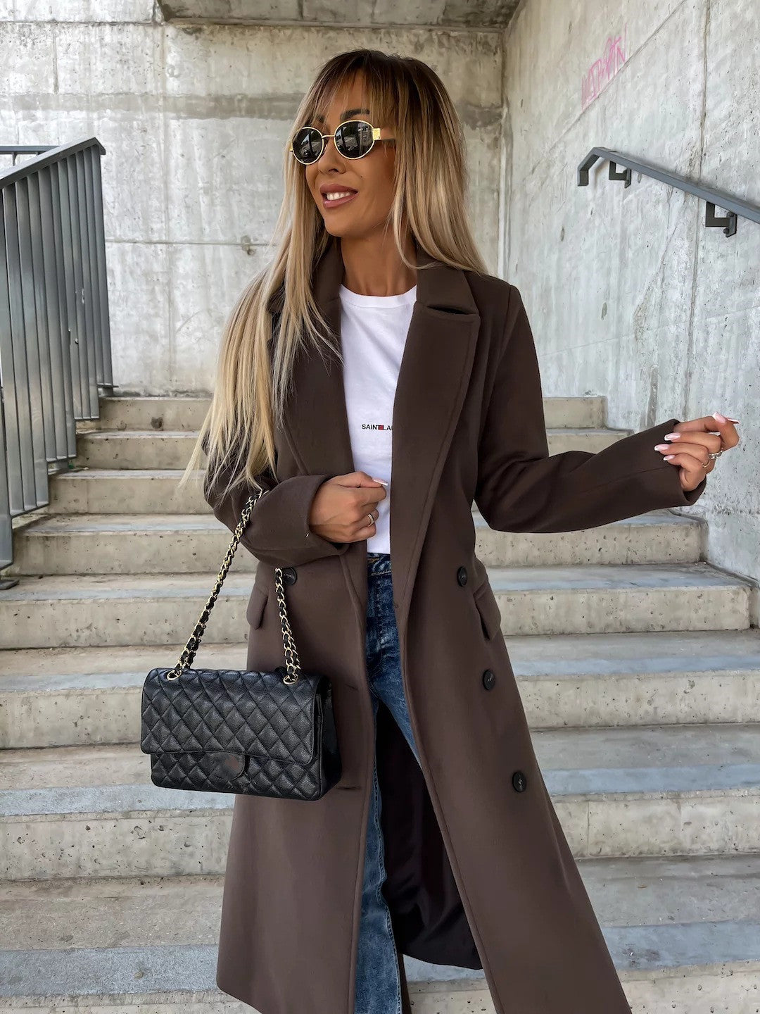 Double-breasted Lapel Split Jacket With Belt Winter Fashion Casual Long Sleeve Button Daily Coats For Women Clothing LadyShow.Store