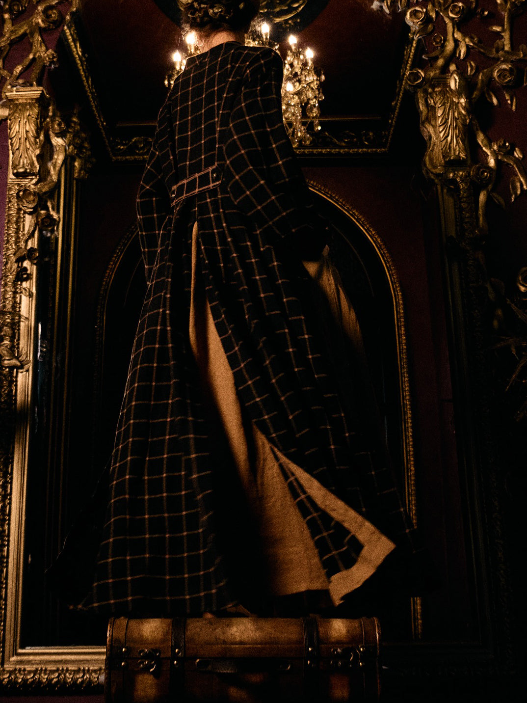 Navy Red Plaid Long Coat With Red Maxi Swing Dress Set NorixaFashion.com