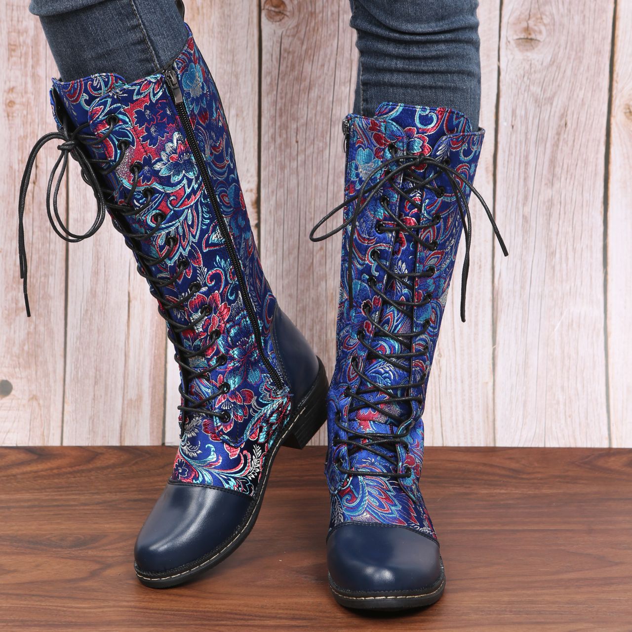 Flowers Print Long Boots WInter Retro Ethnic Style Shoes Lace-up Heeled Boots Women LadyShow.Store