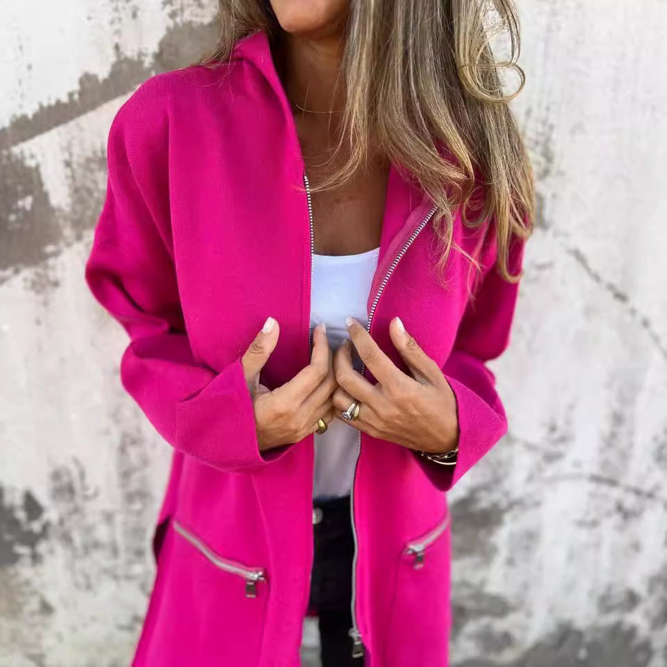 Zip-up Hooded Cardigan Coat Fashion Solid Color Pocket Jacket Fall And Winter Women's Coat Clothing NorixaFashion.com