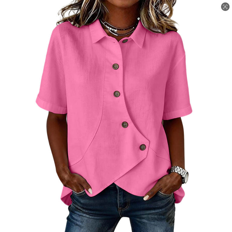 Summer Asymmetrical Shirt Solid-color Loose-fitting Lepal Tops Women's Clothing NorixaFashion.com