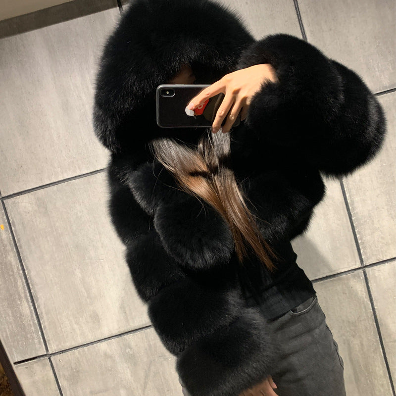 Short Hooded Faux Fur Long Sleeve Coat NorixaFashion.com