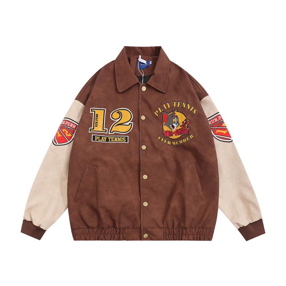 Men's Cartoon Embroidered Cat and Mouse Baseball Jacket Pi-Mart