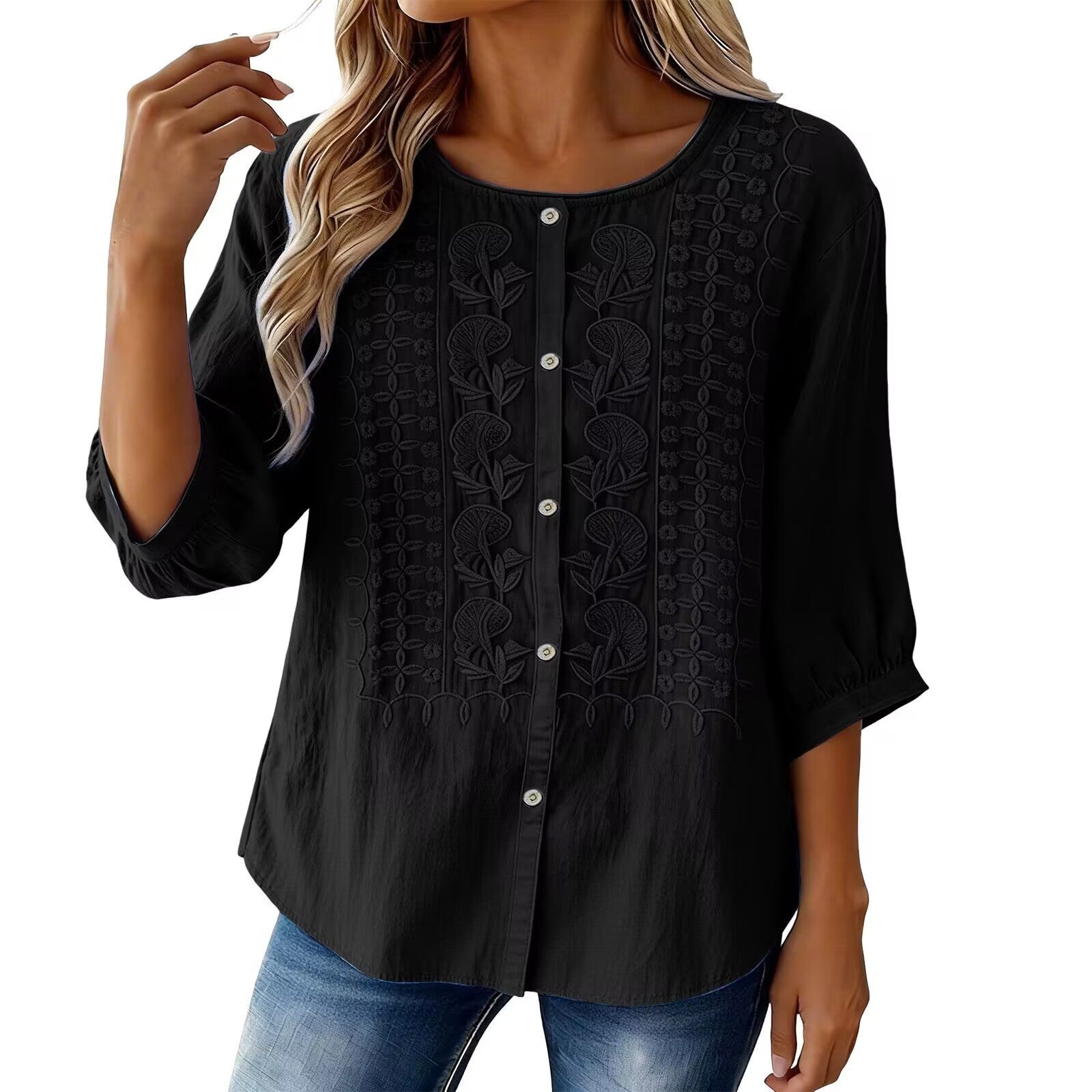 V-Neck Short Sleeve Cotton Linen Shirt, Heavy Embroidery Casual Blouse NorixaFashion.com