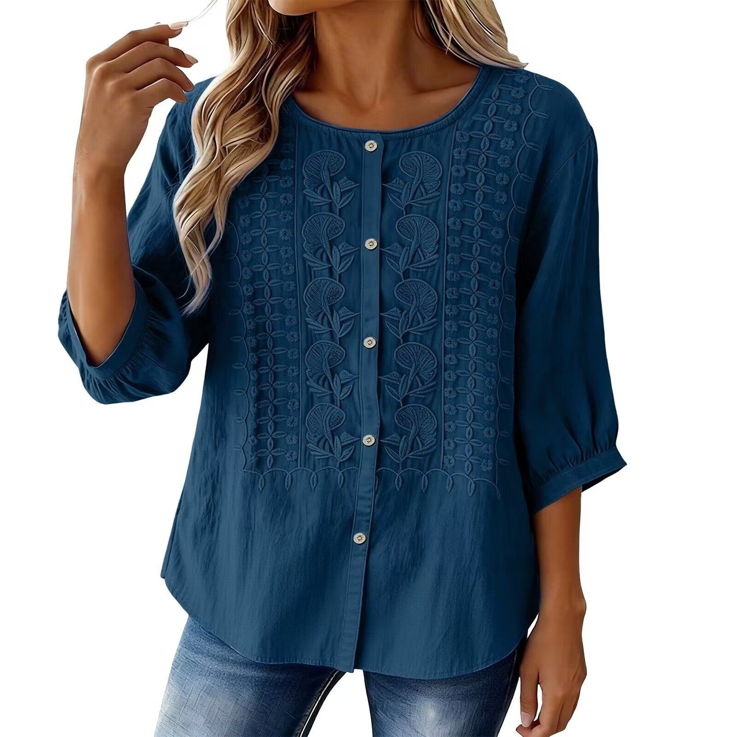 V-Neck Short Sleeve Cotton Linen Shirt, Heavy Embroidery Casual Blouse NorixaFashion.com