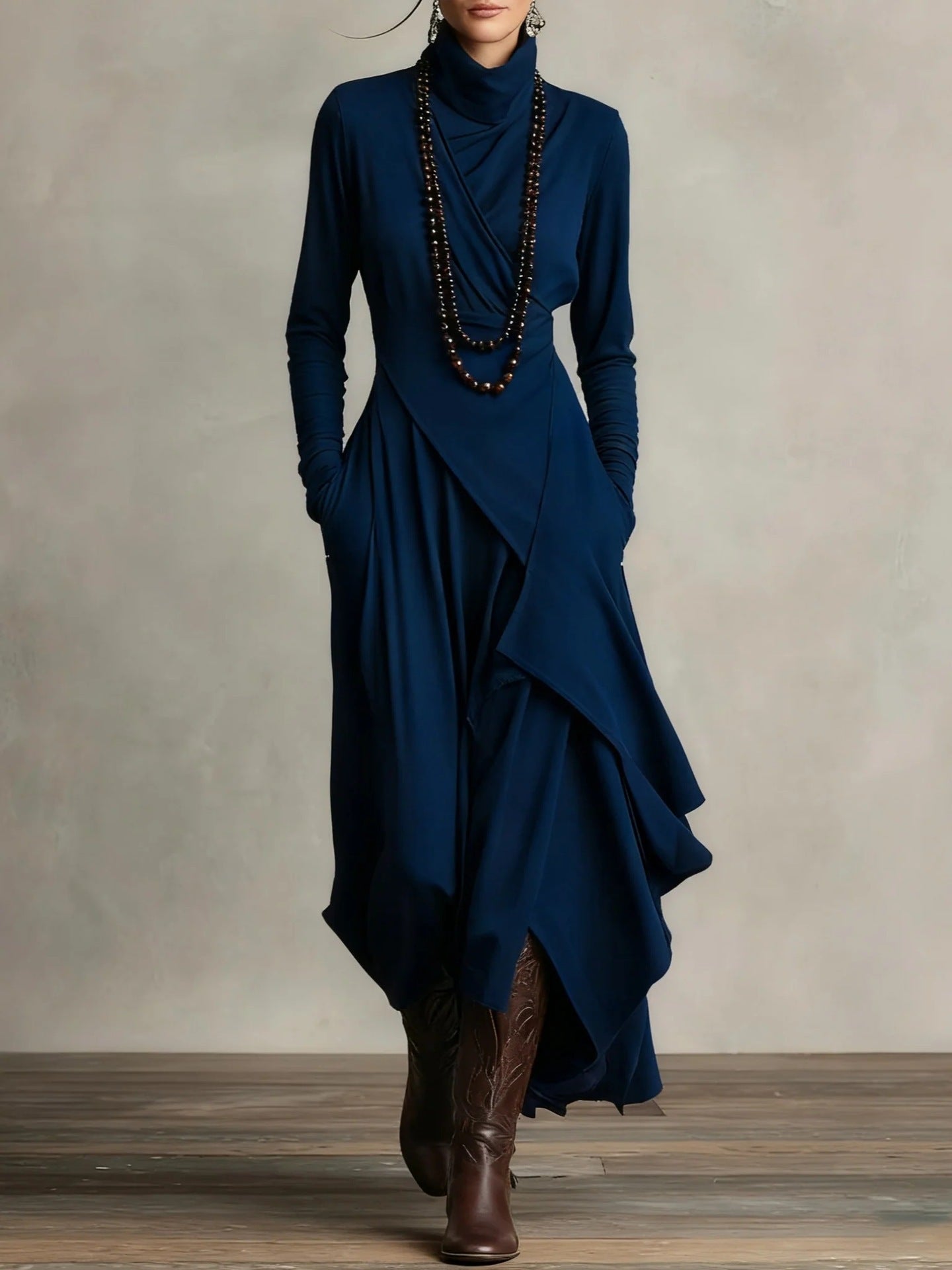 Women's Solid Color Cross-sleeve High-neck Dress LadyShow.Store