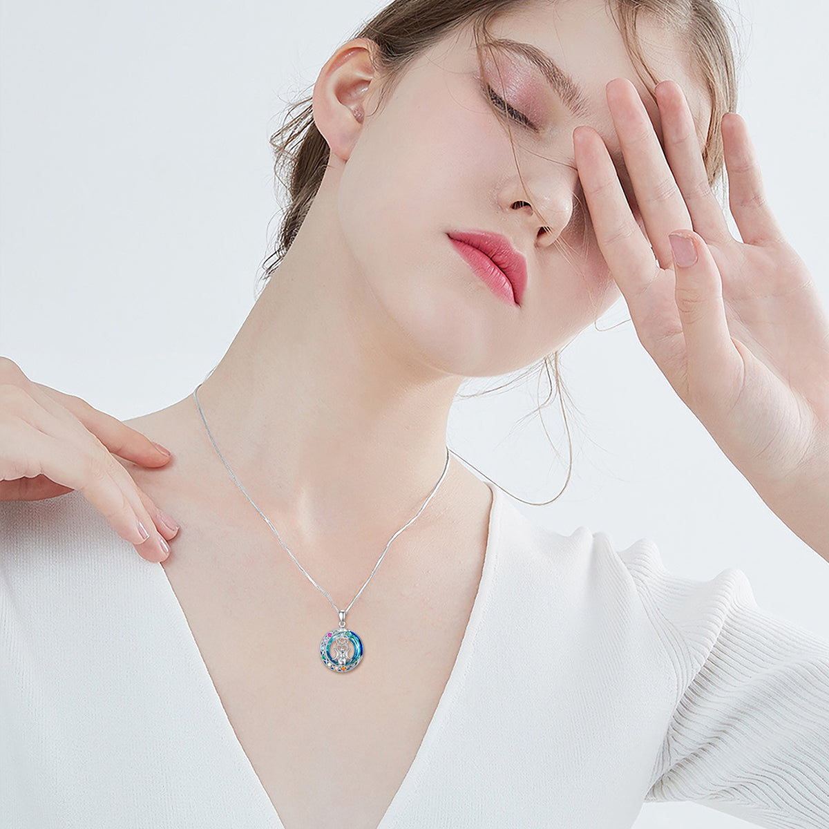 Chakra Triple Moon Goddess Crystal Necklace In White Gold Plated Sterling Silver LadyShow.Store