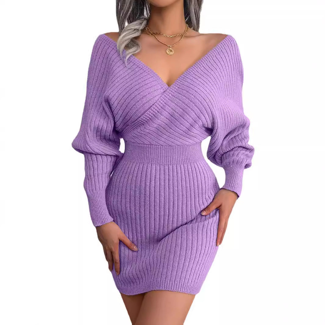 2026 Autumn Winter Sexy Cross V Neck Bat Skirt With Hip Wrapping, Hairy Dress NorixaFashion.com