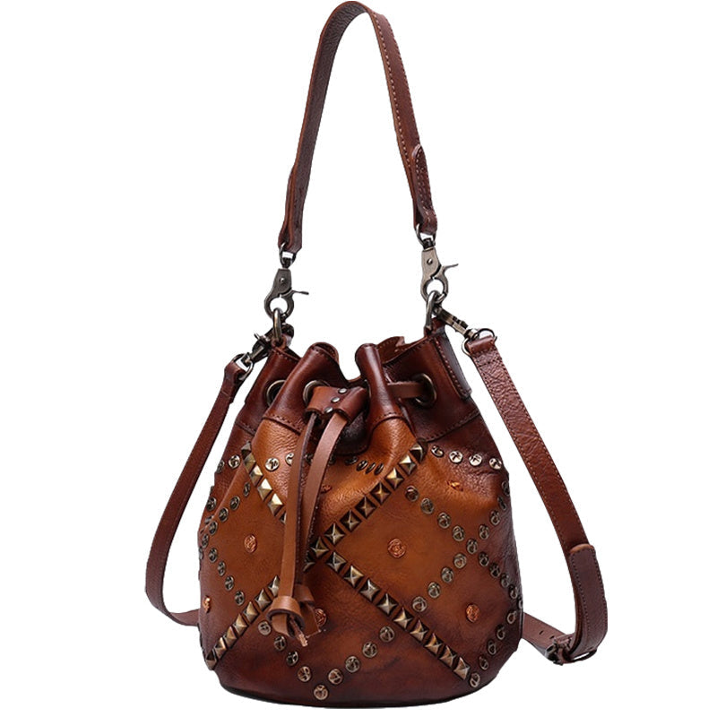 Vintage Rivet-Embellished Leather Bucket Bag - First Layer Cowhide Drawstring Purse in Mocha Plum (24x21x21cm) LadyShow.Store