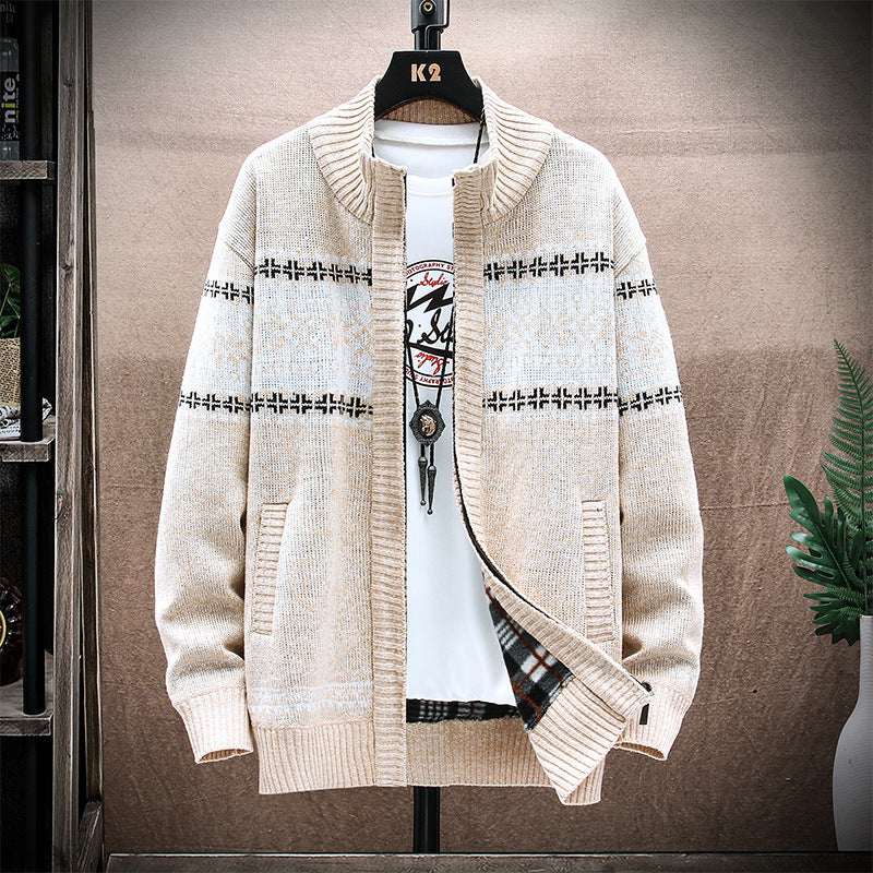 Men's Printed Stand-Collar Cardigan Jacket for Warmth Pi-Mart