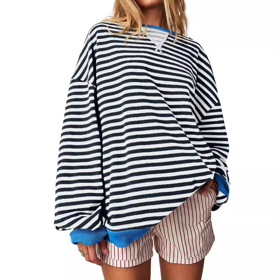 Women's Striped Embroidered Stitching Color-inserted Pullover Sweater CJD