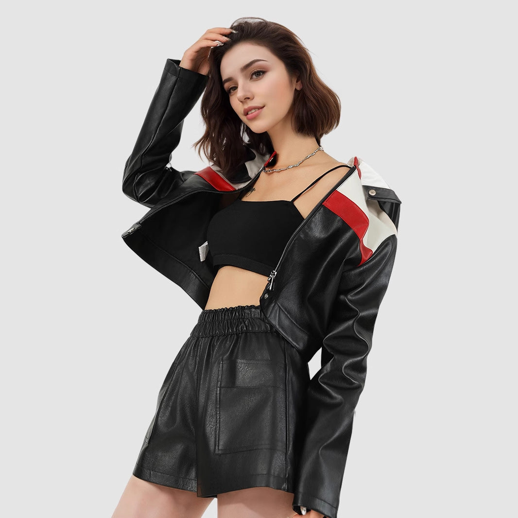 New Color Contrast Patchwork Motorcycle Clothing Pilot Jacket Short Version Coat LadyShow.Store