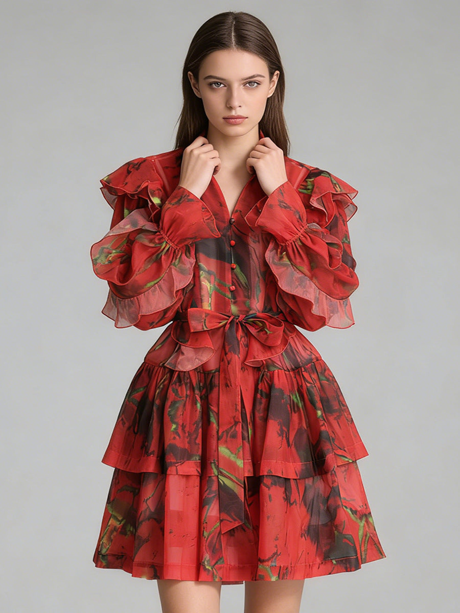 V-neck Ruffled Tie-waist Dress NorixaFashion.com