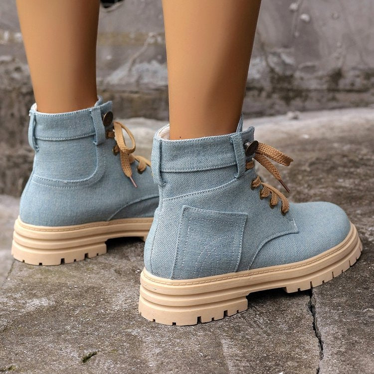 Lace-up Denim Ankle Boots Women Fashion Platform Cowboy Boots Casual Fashion Autumn Winter Round Toe Shoes LadyShow.Store
