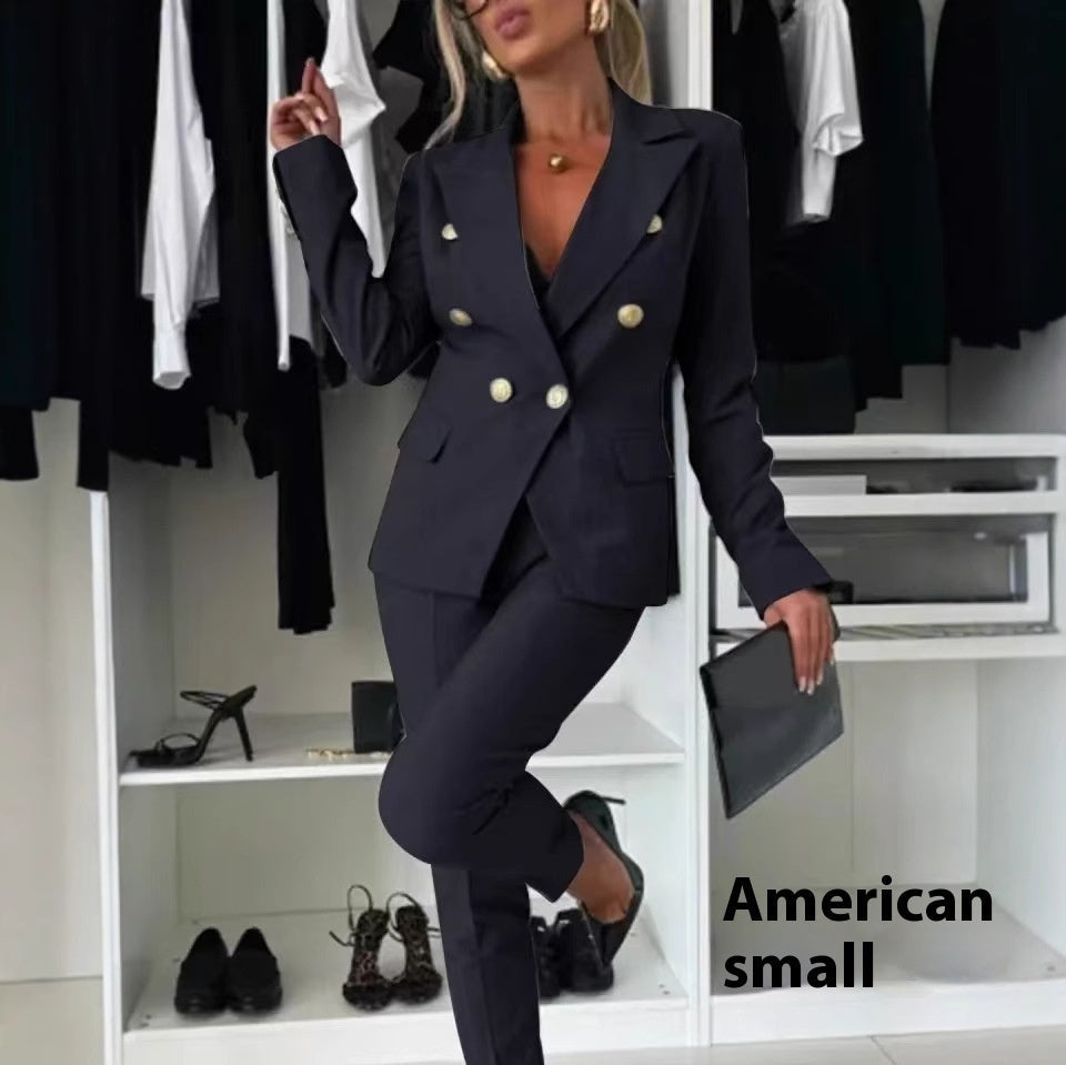 Casual Blazer Suit Slim Lapel Double-breasted Jacket And Zip-up Trousers Women's Clothing NorixaFashion.com