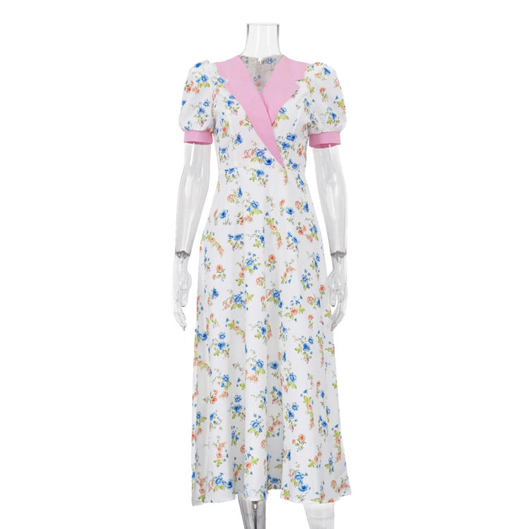 Contrast Lapel Puff Sleeve Floral Print Midi Dress NorixaFashion.com