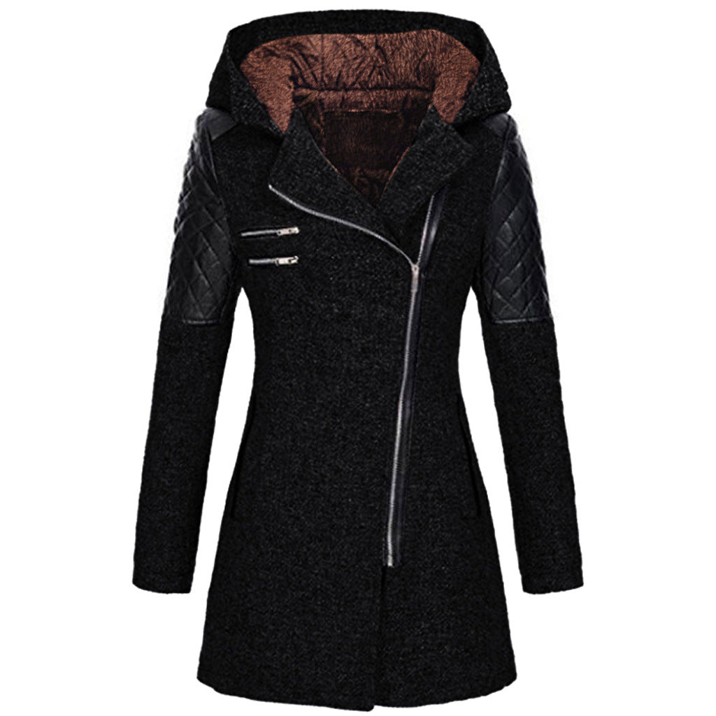 Women Warm Slim Full Zipper Coat Thick Woolen Coat Female Fall Winter Windbreaker Hooded Diagonal Zipper Women's Clothing CJD
