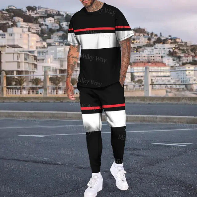 Men's Summer Tracksuit Stripe Print T-shirt Trousers Set