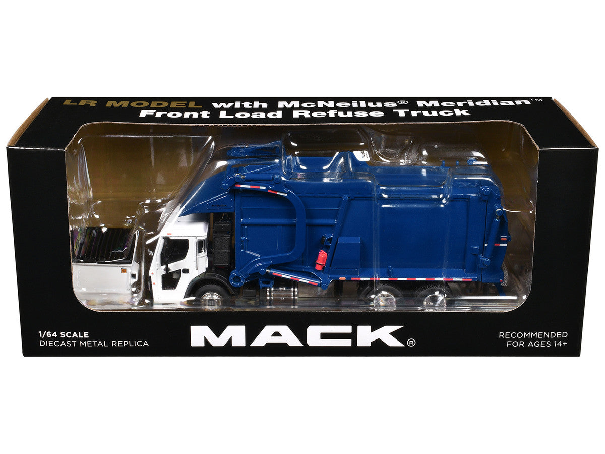 Mack LR Refuse Garbage Truck with McNeilus Meridian Front Loader White and Blue with Trash Bin 1/64 Diecast Model by DCP/First Gear LuxuryLifeWay Online Store