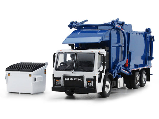 Mack LR Refuse Garbage Truck with McNeilus Meridian Front Loader White and Blue with Trash Bin 1/64 Diecast Model by DCP/First Gear LuxuryLifeWay Online Store