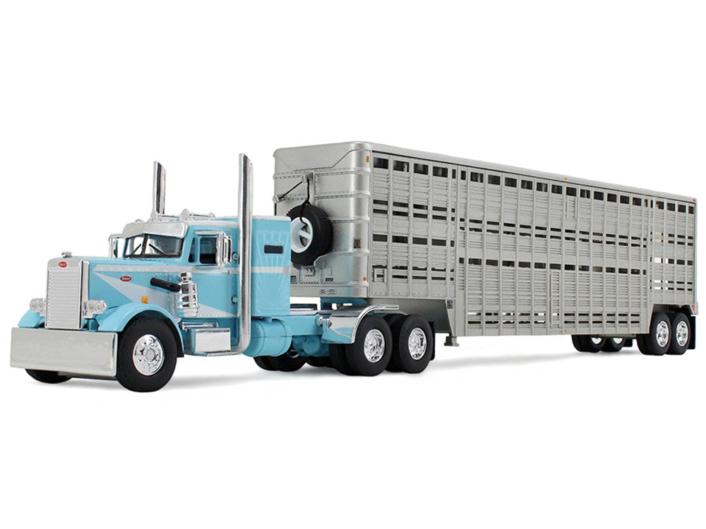 Peterbilt 351 with 36" Vintage Sleeper and 45' Wilson Vintage Livestock Trailer Light Blue with White Stripes 1/64 Diecast Model by DCP/First Gear LuxuryLifeWay Online Store