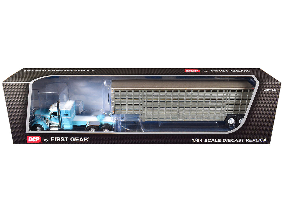 Peterbilt 351 with 36" Vintage Sleeper and 45' Wilson Vintage Livestock Trailer Light Blue with White Stripes 1/64 Diecast Model by DCP/First Gear LuxuryLifeWay Online Store
