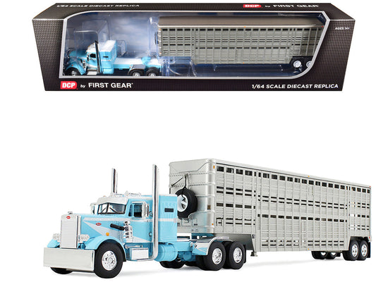 Peterbilt 351 with 36" Vintage Sleeper and 45' Wilson Vintage Livestock Trailer Light Blue with White Stripes 1/64 Diecast Model by DCP/First Gear LuxuryLifeWay Online Store