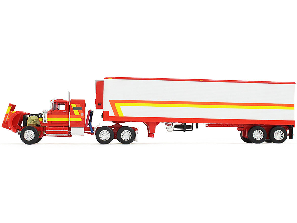 White Western Star 4900 with 36" Vintage Flat Top Sleeper and Wilson 40' Vintage Refridgerated Trailer Red and White with Stripes 1/64 Diecast Model by DCP/First Gear LuxuryLifeWay Online Store