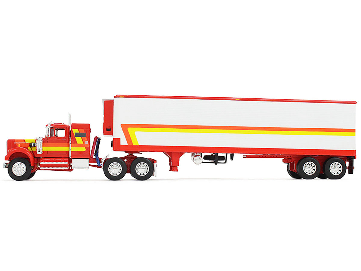 White Western Star 4900 with 36" Vintage Flat Top Sleeper and Wilson 40' Vintage Refridgerated Trailer Red and White with Stripes 1/64 Diecast Model by DCP/First Gear LuxuryLifeWay Online Store