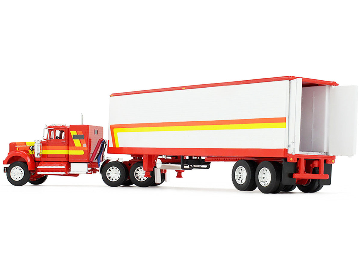 White Western Star 4900 with 36" Vintage Flat Top Sleeper and Wilson 40' Vintage Refridgerated Trailer Red and White with Stripes 1/64 Diecast Model by DCP/First Gear LuxuryLifeWay Online Store