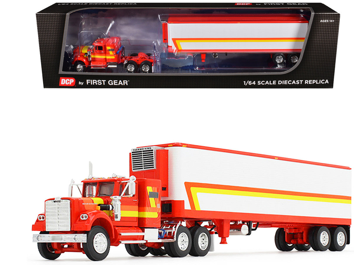 White Western Star 4900 with 36" Vintage Flat Top Sleeper and Wilson 40' Vintage Refridgerated Trailer Red and White with Stripes 1/64 Diecast Model by DCP/First Gear LuxuryLifeWay Online Store