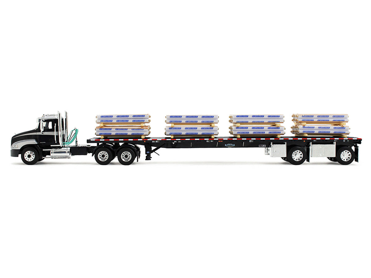 Mack Pinnacle Day Cab with Minimizer Parts & 53' Wilson Roadbrute Flatbed Trailer with "Carlisle Roofing" Loaded Pallets Black with Silver Top and Stripes 1/64 Diecast Model by DCP/First Gear LuxuryLifeWay Online Store