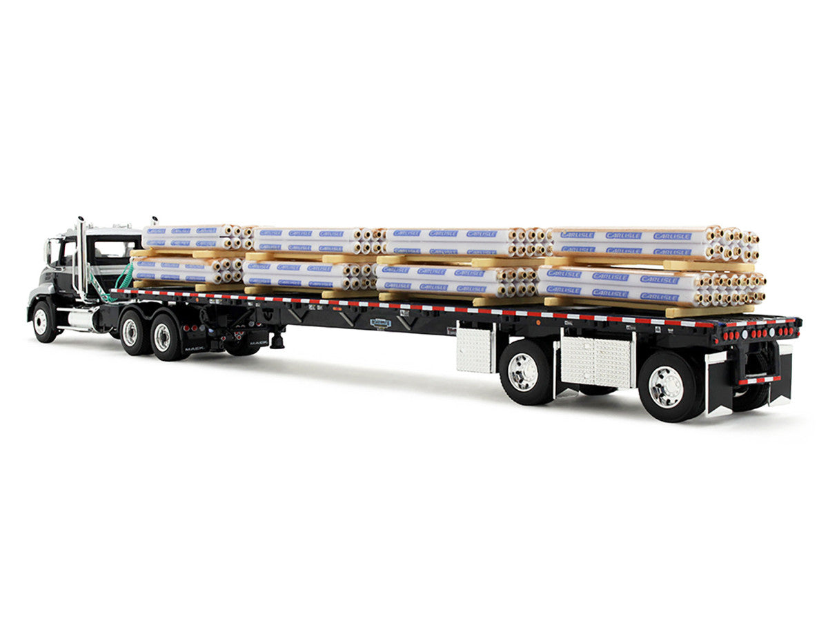 Mack Pinnacle Day Cab with Minimizer Parts & 53' Wilson Roadbrute Flatbed Trailer with "Carlisle Roofing" Loaded Pallets Black with Silver Top and Stripes 1/64 Diecast Model by DCP/First Gear LuxuryLifeWay Online Store