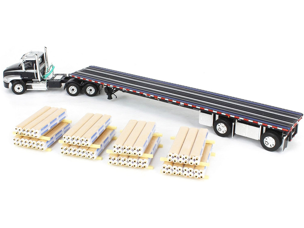 Mack Pinnacle Day Cab with Minimizer Parts & 53' Wilson Roadbrute Flatbed Trailer with "Carlisle Roofing" Loaded Pallets Black with Silver Top and Stripes 1/64 Diecast Model by DCP/First Gear LuxuryLifeWay Online Store