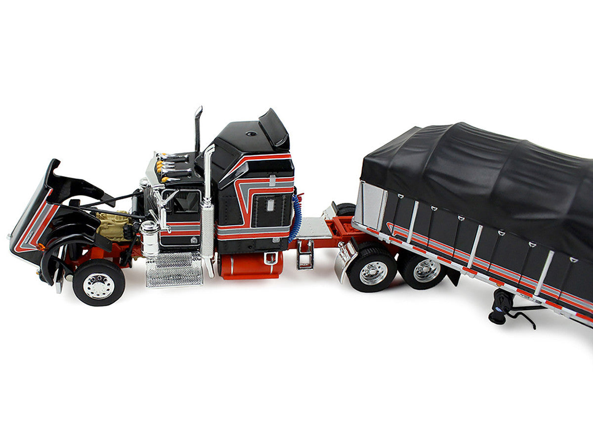 Kenworth W900A with 60" Aerodyne Sleeper and 53’ Wilson Roadbrute Flatbed Trailer with Covered Wagon Black with Red Stripes 1/64 Diecast Model by DCP/First Gear LuxuryLifeWay Online Store