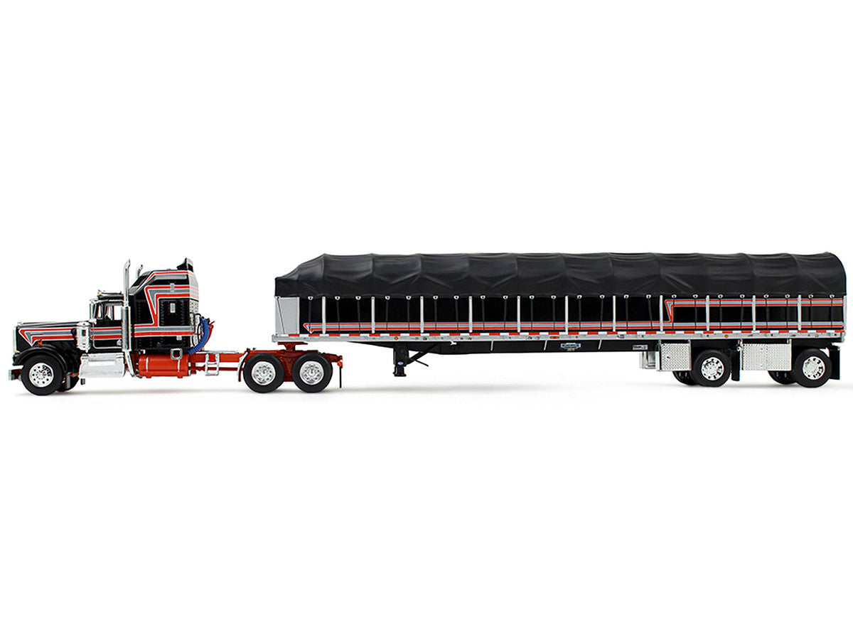 Kenworth W900A with 60" Aerodyne Sleeper and 53’ Wilson Roadbrute Flatbed Trailer with Covered Wagon Black with Red Stripes 1/64 Diecast Model by DCP/First Gear LuxuryLifeWay Online Store