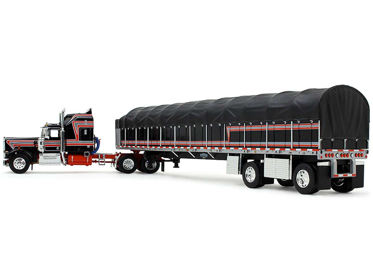 Kenworth W900A with 60" Aerodyne Sleeper and 53’ Wilson Roadbrute Flatbed Trailer with Covered Wagon Black with Red Stripes 1/64 Diecast Model by DCP/First Gear LuxuryLifeWay Online Store