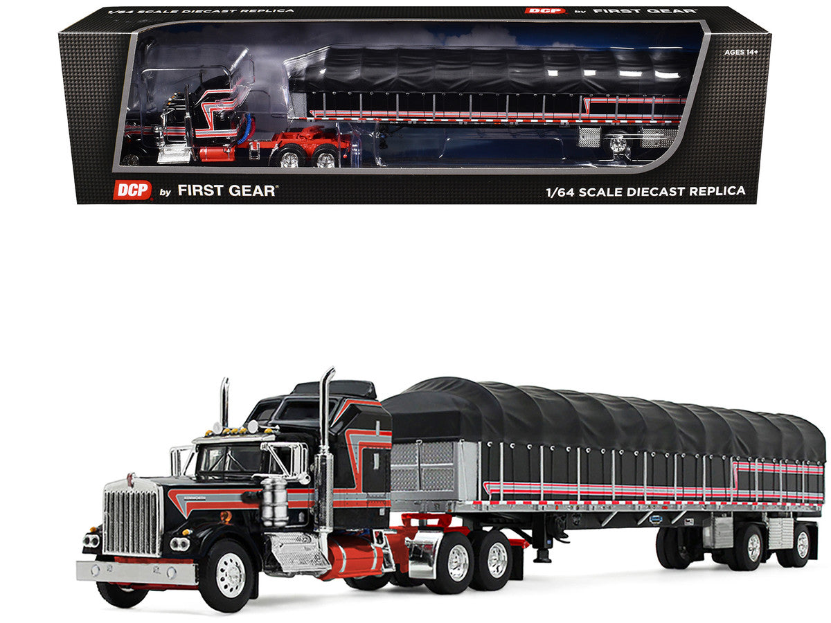 Kenworth W900A with 60" Aerodyne Sleeper and 53’ Wilson Roadbrute Flatbed Trailer with Covered Wagon Black with Red Stripes 1/64 Diecast Model by DCP/First Gear LuxuryLifeWay Online Store