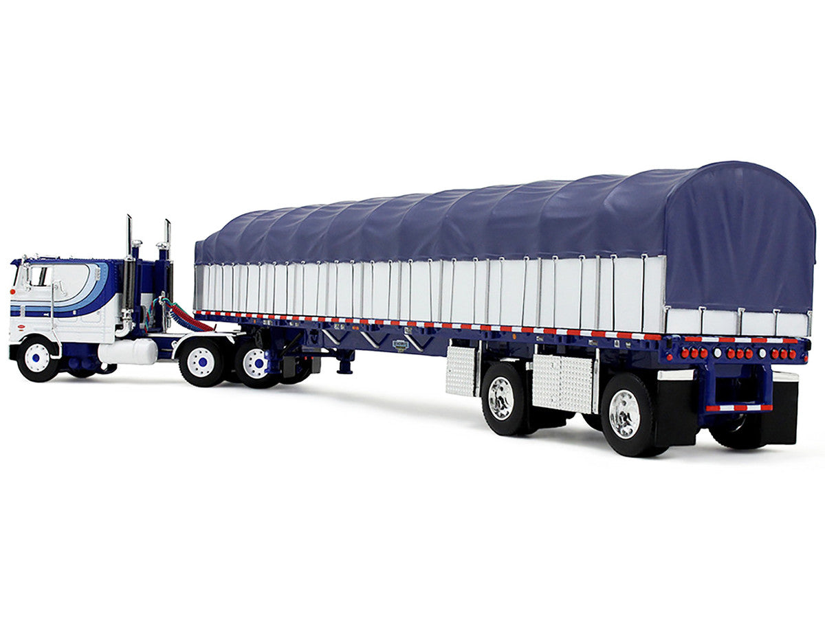 Peterbilt 352 COE 110" Sleeper and 53’ Wilson Roadbrute Flatbed Trailer with Covered Wagon White with Blue Stripes 1/64 Diecast Model by DCP/First Gear LuxuryLifeWay Online Store