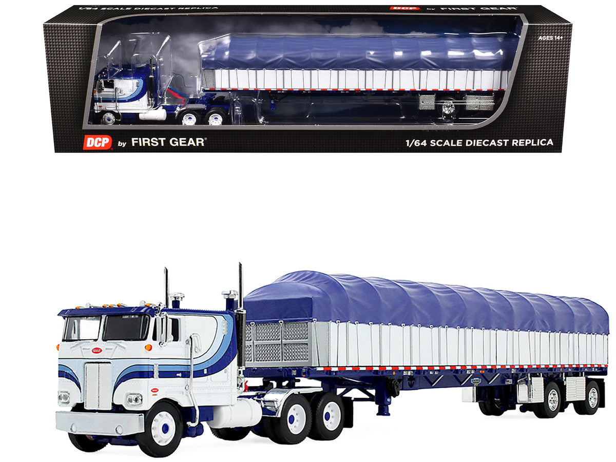 Peterbilt 352 COE 110" Sleeper and 53’ Wilson Roadbrute Flatbed Trailer with Covered Wagon White with Blue Stripes 1/64 Diecast Model by DCP/First Gear LuxuryLifeWay Online Store