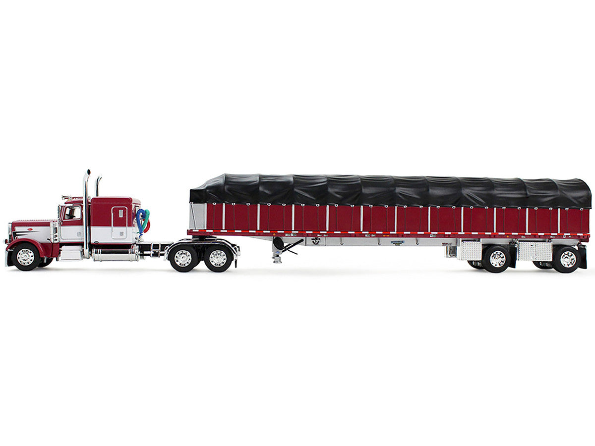 Peterbilt 389 with 63" Flat Top Sleeper and 53’ Wilson Roadbrute Flatbed Trailer with Covered Wagon Maroon with White Stripes 1/64 Diecast Model by DCP/First Gear LuxuryLifeWay Online Store