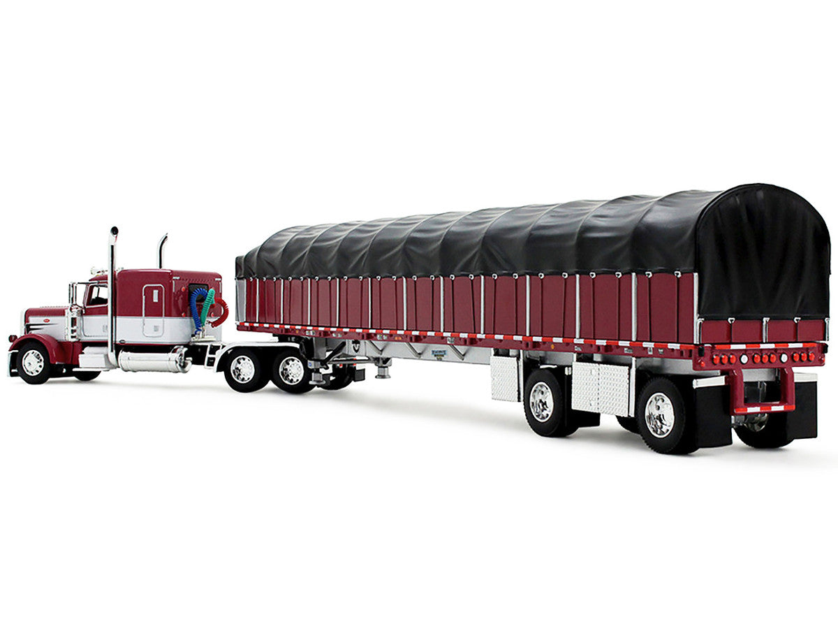Peterbilt 389 with 63" Flat Top Sleeper and 53’ Wilson Roadbrute Flatbed Trailer with Covered Wagon Maroon with White Stripes 1/64 Diecast Model by DCP/First Gear LuxuryLifeWay Online Store