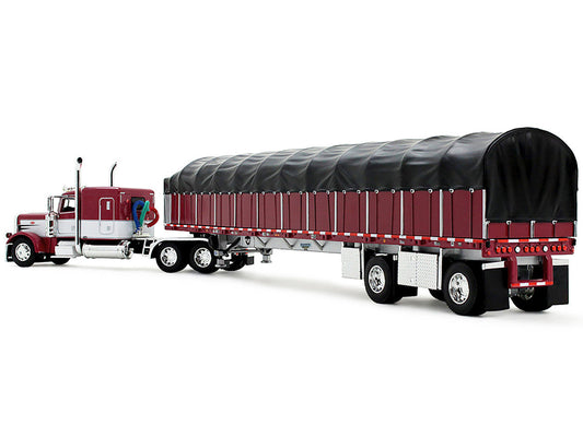 Peterbilt 389 with 63" Flat Top Sleeper and 53’ Wilson Roadbrute Flatbed Trailer with Covered Wagon Maroon with White Stripes 1/64 Diecast Model by DCP/First Gear LuxuryLifeWay Online Store