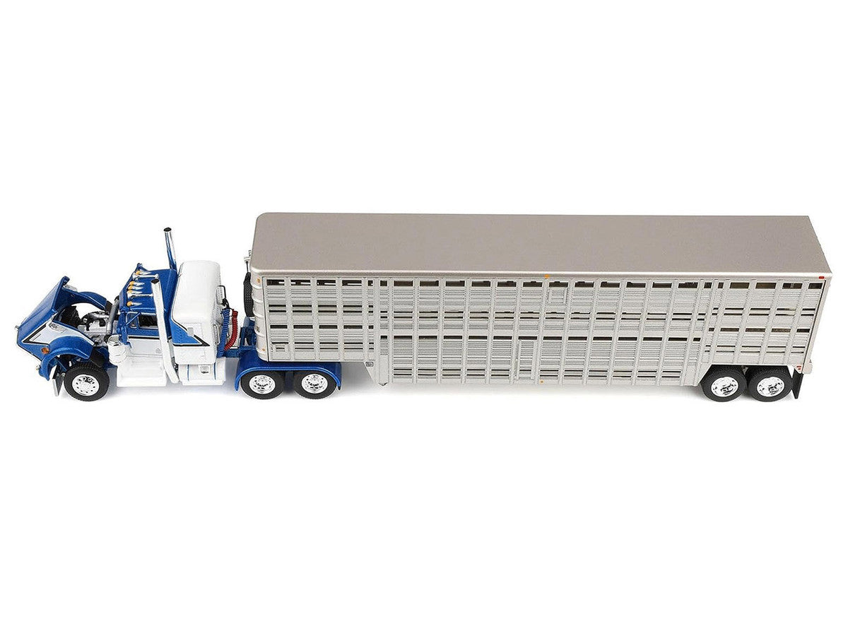 Kenworth W900A with 36" Sleeper and 45' Wilson Vintage Livestock Trailer Mariner Blue and White with Silver Trailer 1/64 Diecast Model by DCP/First Gear LuxuryLifeWay Online Store